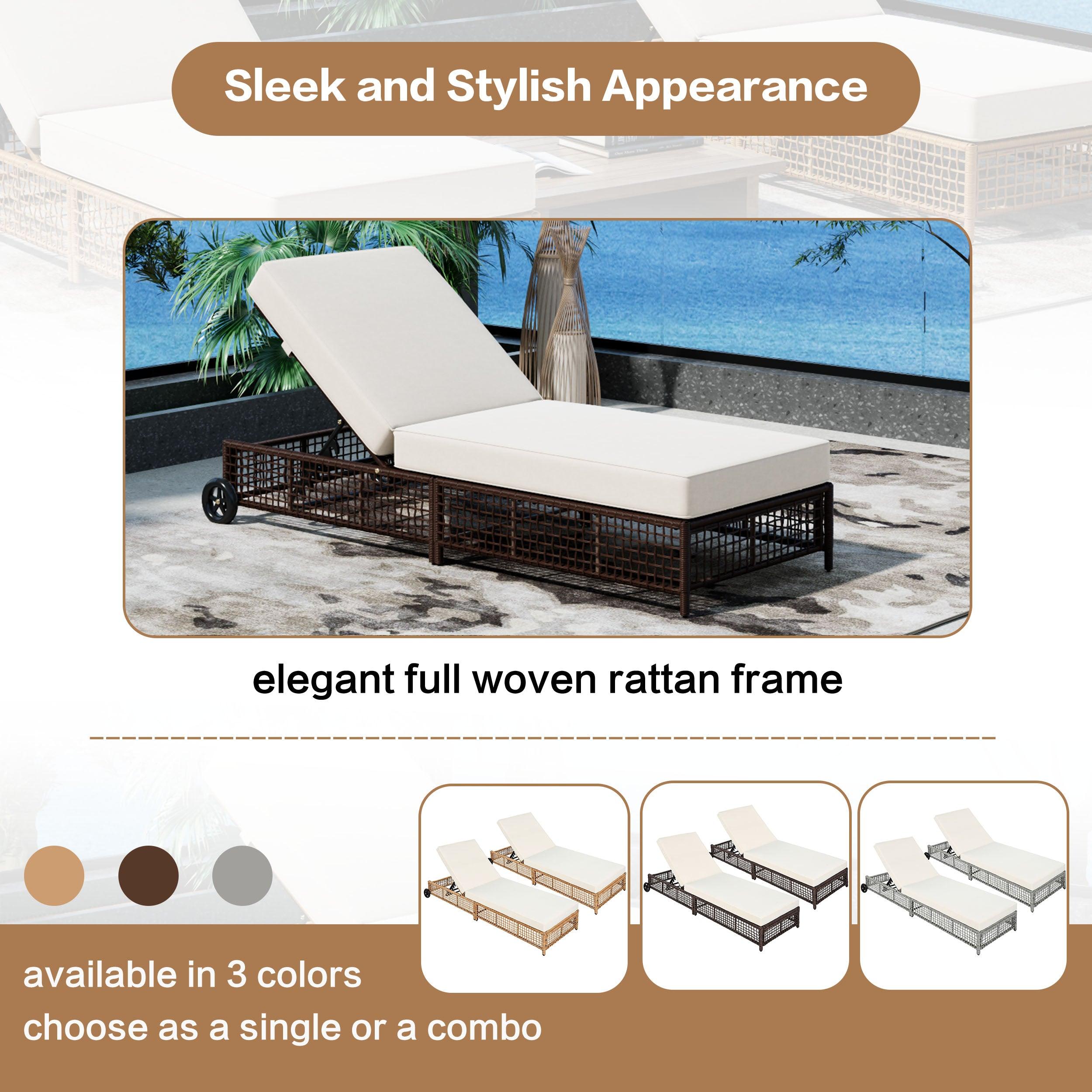 Sillón de exterior, tumbona de patio con respaldo de 5 posiciones, sillón de ratán con cojín y ruedas para piscina, patio y jardín.