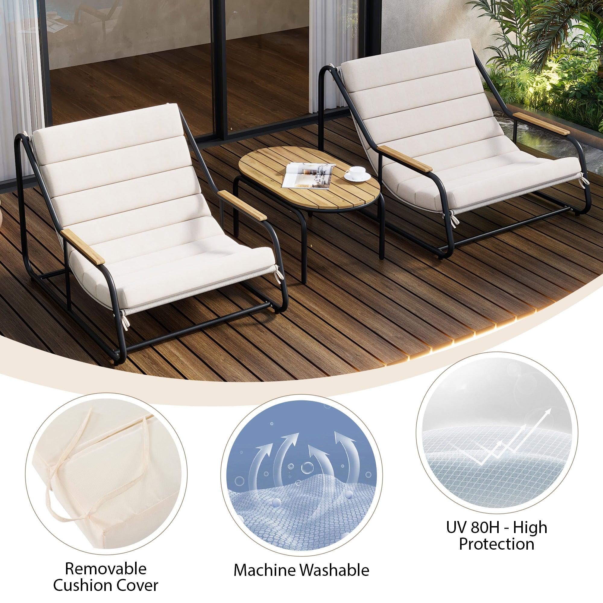 Outdoor Chaise Lounge Chairs Set of 3 with Acacia Side Table, Pool Lounge Chairs for Lawn, Deck, Beach