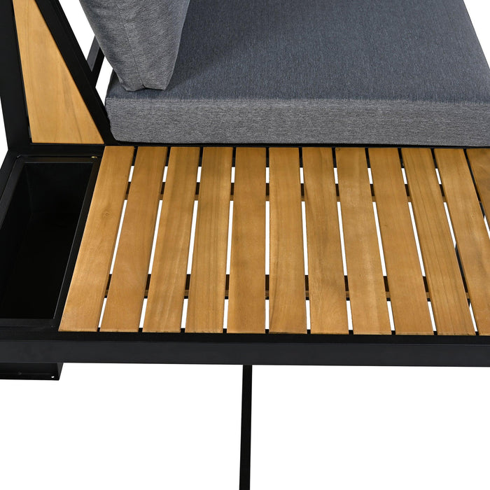 Juego de muebles de patio con sofás de dos plazas, 4 piezas de sofás de exterior con cojines impermeables, diseño duradero de hierro y madera para jardín, patio y piscina.