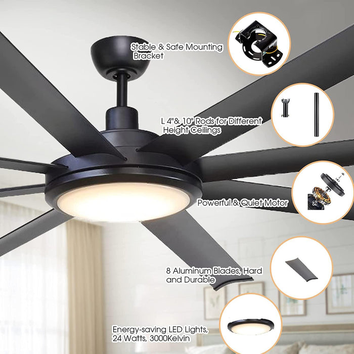 75" Modern DC Motor Downrod Mount Reversible Ceiling Fan with Lighting and Remote Control - ParrotUncle