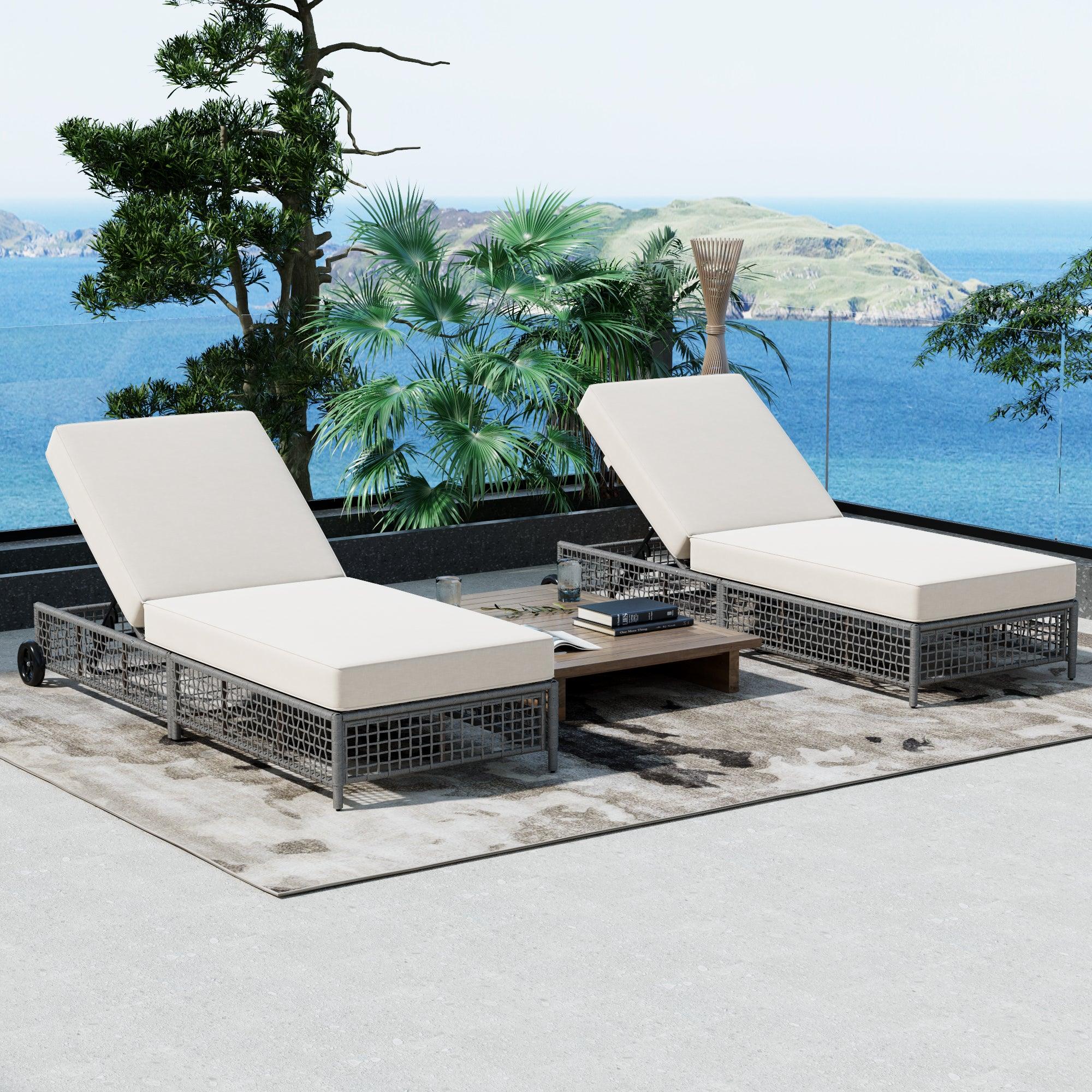 Sillón de exterior, tumbona de patio con respaldo de 5 posiciones, sillón de ratán con cojín y ruedas para piscina, patio y jardín.