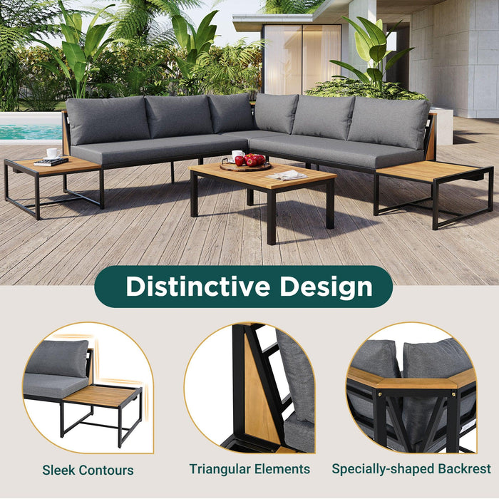 Juego de muebles de patio con sofás de dos plazas, 4 piezas de sofás de exterior con cojines impermeables, diseño duradero de hierro y madera para jardín, patio y piscina.