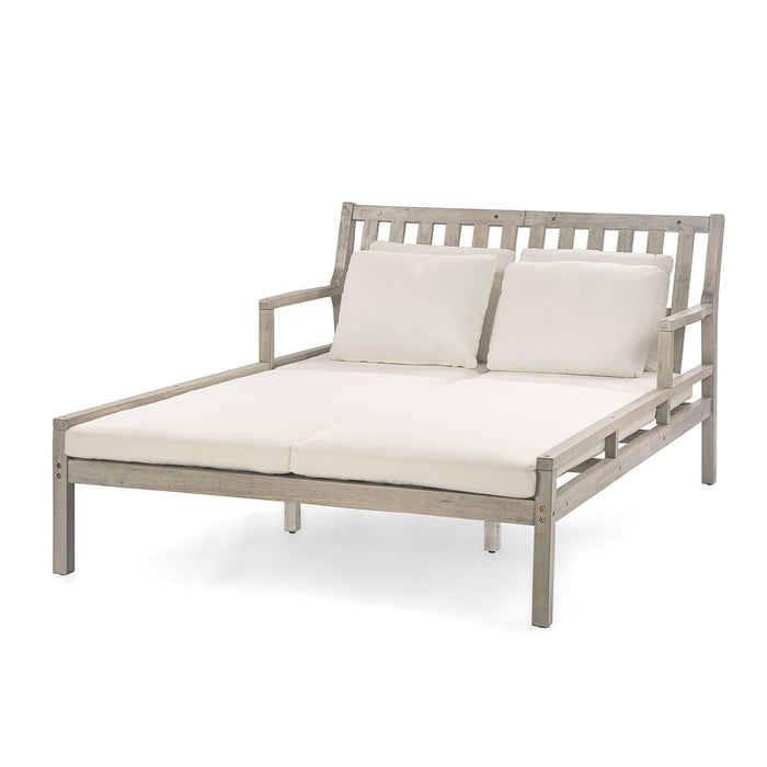 Cama de día para exterior, cama de día para patio con cuatro almohadas, cama de madera para exterior con reposabrazos curvos para piscina, patio y jardín.