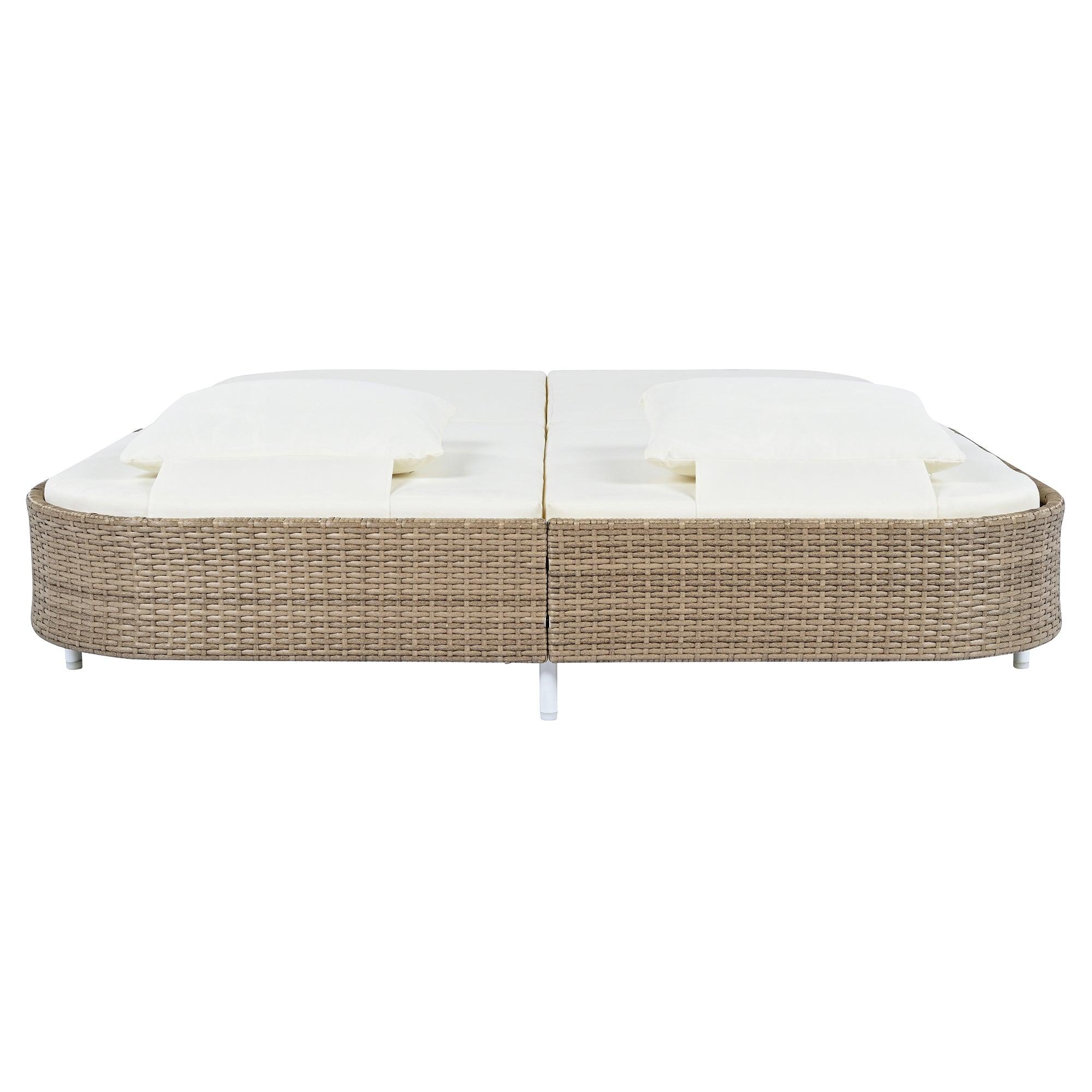 Tumbona de exterior de ratán con respaldo ajustable en 5 posiciones y cojines y almohadas extraíbles para jardín, patio y piscina.