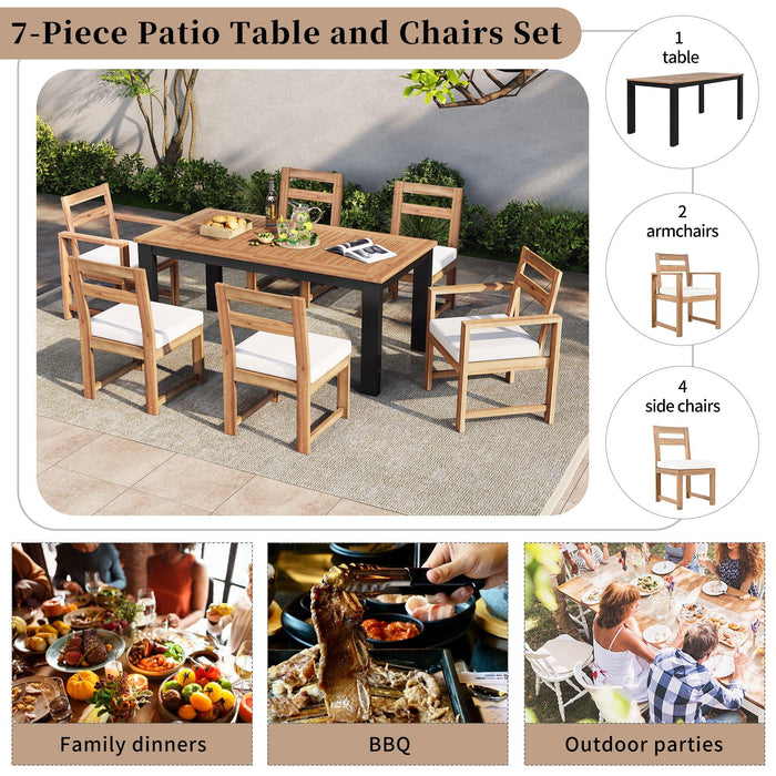 7-Piece Outdoor Patio Table and Chairs Set, Wood Dining Table Set for 6 with Umbrella Hole, 2 Armchairs & 4 Side Chairs for Garden, Backyard, Poolside