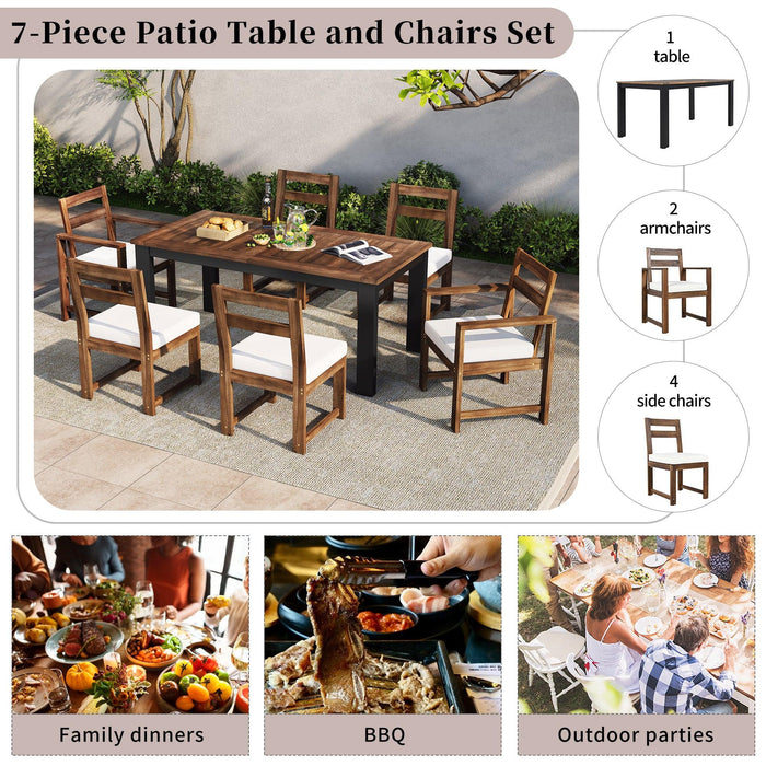 7-Piece Outdoor Patio Table and Chairs Set, Wood Dining Table Set for 6 with Umbrella Hole, 2 Armchairs & 4 Side Chairs for Garden, Backyard, Poolside