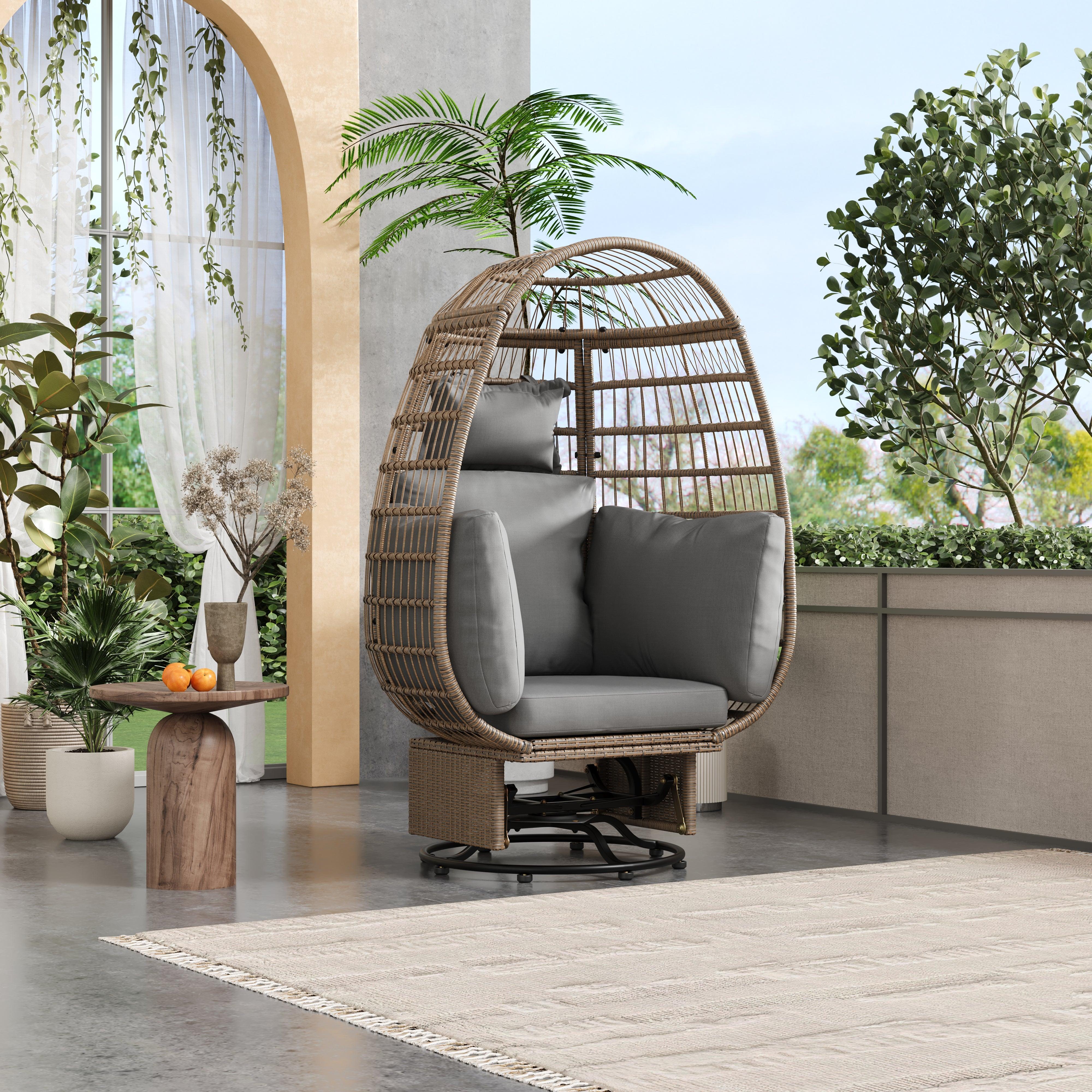 Silla giratoria de exterior con cojines, silla de ratán con forma de huevo y función de balanceo para balcón, piscina y jardín.