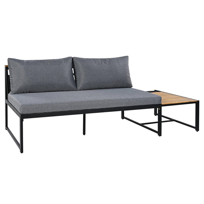 Juego de muebles de patio con sofás de dos plazas, 4 piezas de sofás de exterior con cojines impermeables, diseño duradero de hierro y madera para jardín, patio y piscina.