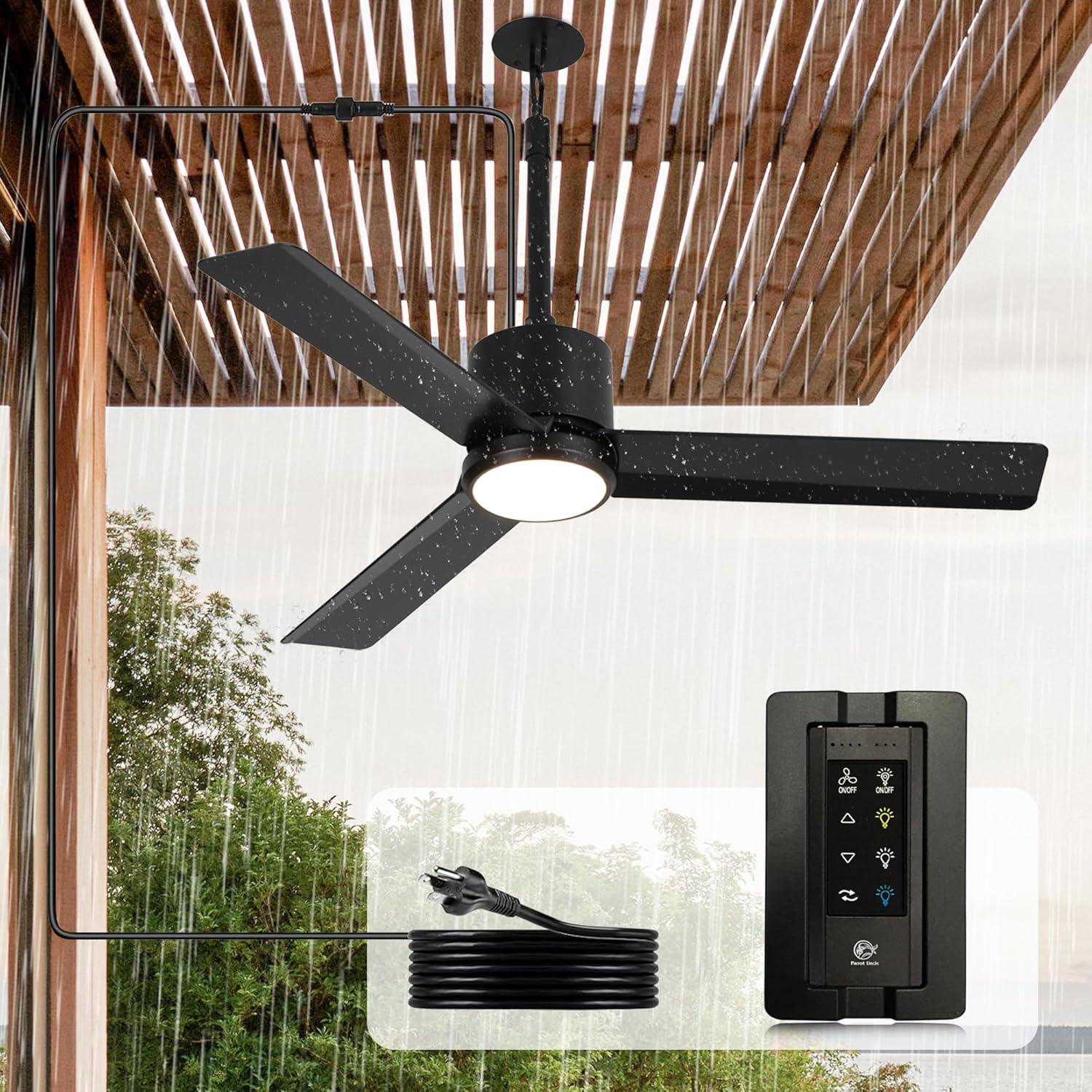 Ventilador de techo Rhine de 42 pulgadas para interiores y exteriores, resistente al agua, IP65, color negro, con luz LED y práctico gancho para colgar.