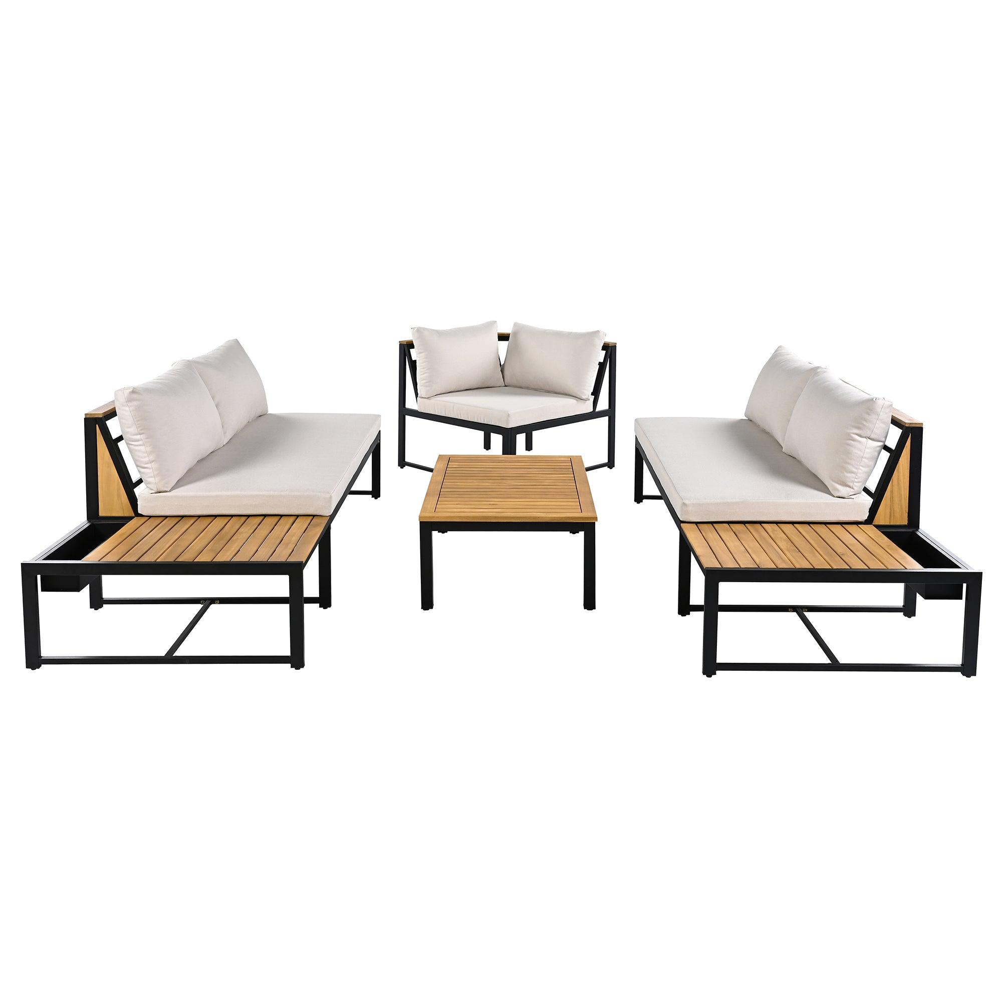 Juego de muebles de patio con sofás de dos plazas, 4 piezas de sofás de exterior con cojines impermeables, diseño duradero de hierro y madera para jardín, patio y piscina.