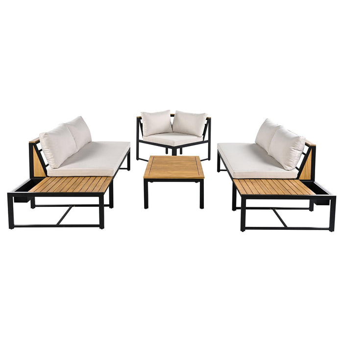Juego de muebles de patio con sofás de dos plazas, 4 piezas de sofás de exterior con cojines impermeables, diseño duradero de hierro y madera para jardín, patio y piscina.