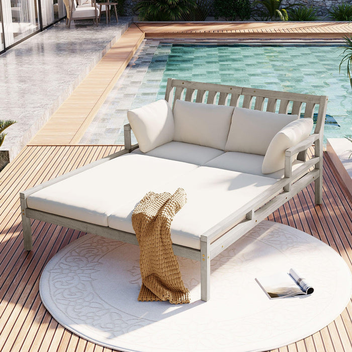 Cama de día para exterior, cama de día para patio con cuatro almohadas, cama de madera para exterior con reposabrazos curvos para piscina, patio y jardín.