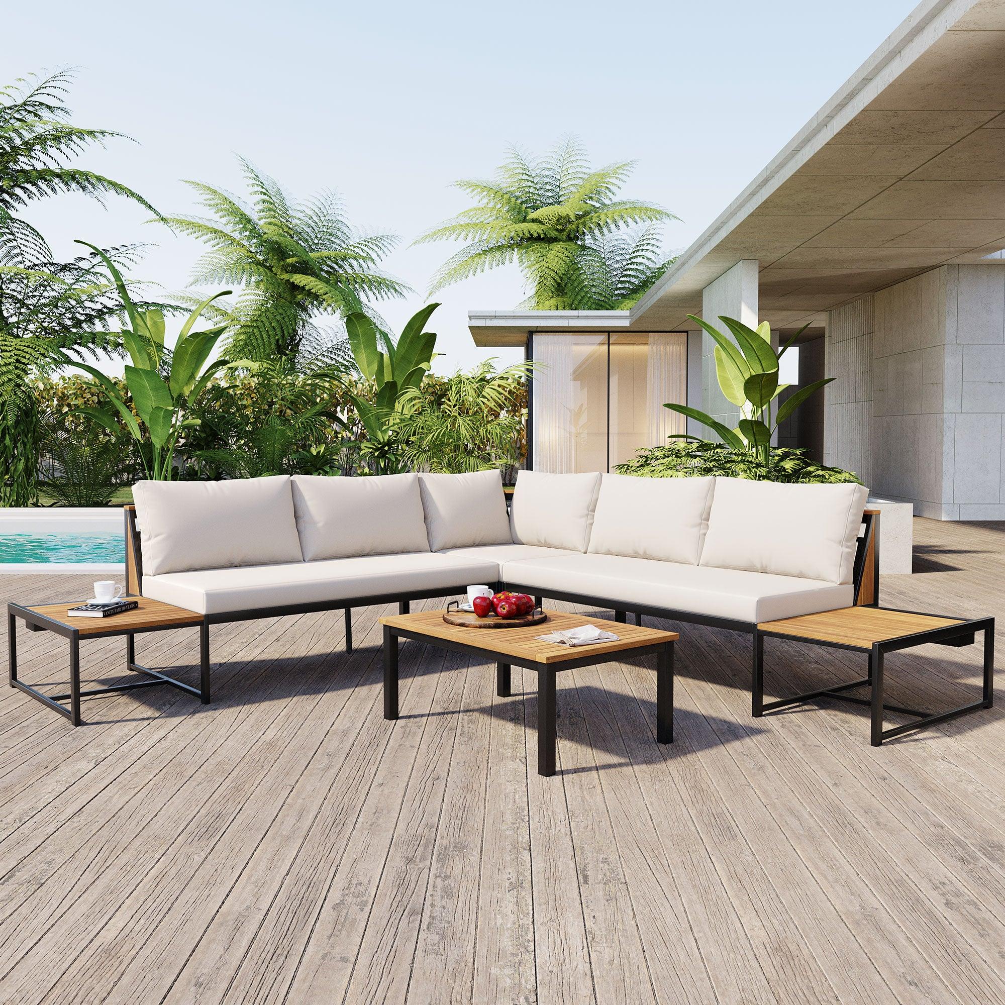 Juego de muebles de patio con sofás de dos plazas, 4 piezas de sofás de exterior con cojines impermeables, diseño duradero de hierro y madera para jardín, patio y piscina.