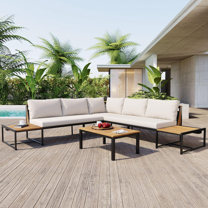 Juego de muebles de patio con sofás de dos plazas, 4 piezas de sofás de exterior con cojines impermeables, diseño duradero de hierro y madera para jardín, patio y piscina.