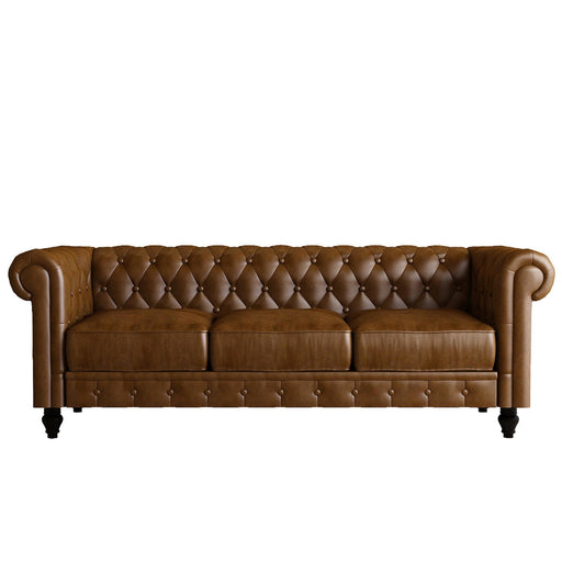 88'' Vintage Two-Color PU Brown Rolled 3-Seat Arm Chesterfield Sofa - ParrotUncle