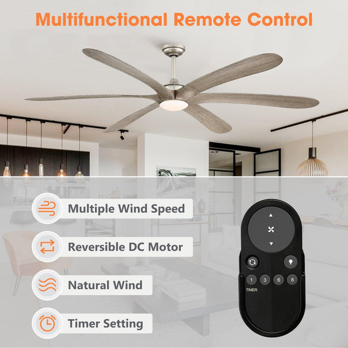Ventilador de techo reversible Jaydn Farmhouse de 182 cm, con motor de CC, montaje en varilla, iluminación y control remoto.