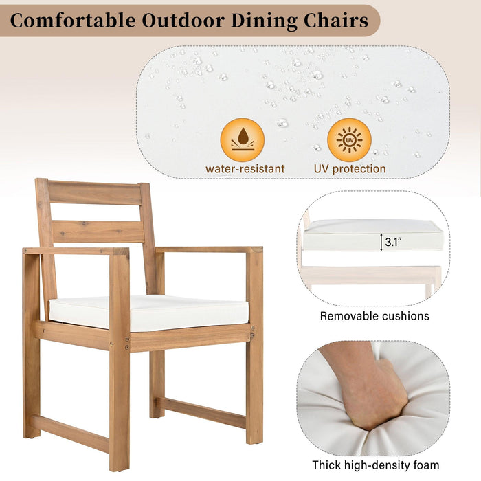 7-Piece Outdoor Patio Table and Chairs Set, Wood Dining Table Set for 6 with Umbrella Hole, 2 Armchairs & 4 Side Chairs for Garden, Backyard, Poolside