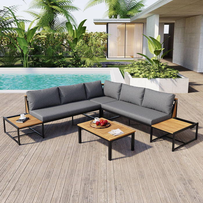 Juego de muebles de patio con sofás de dos plazas, 4 piezas de sofás de exterior con cojines impermeables, diseño duradero de hierro y madera para jardín, patio y piscina.