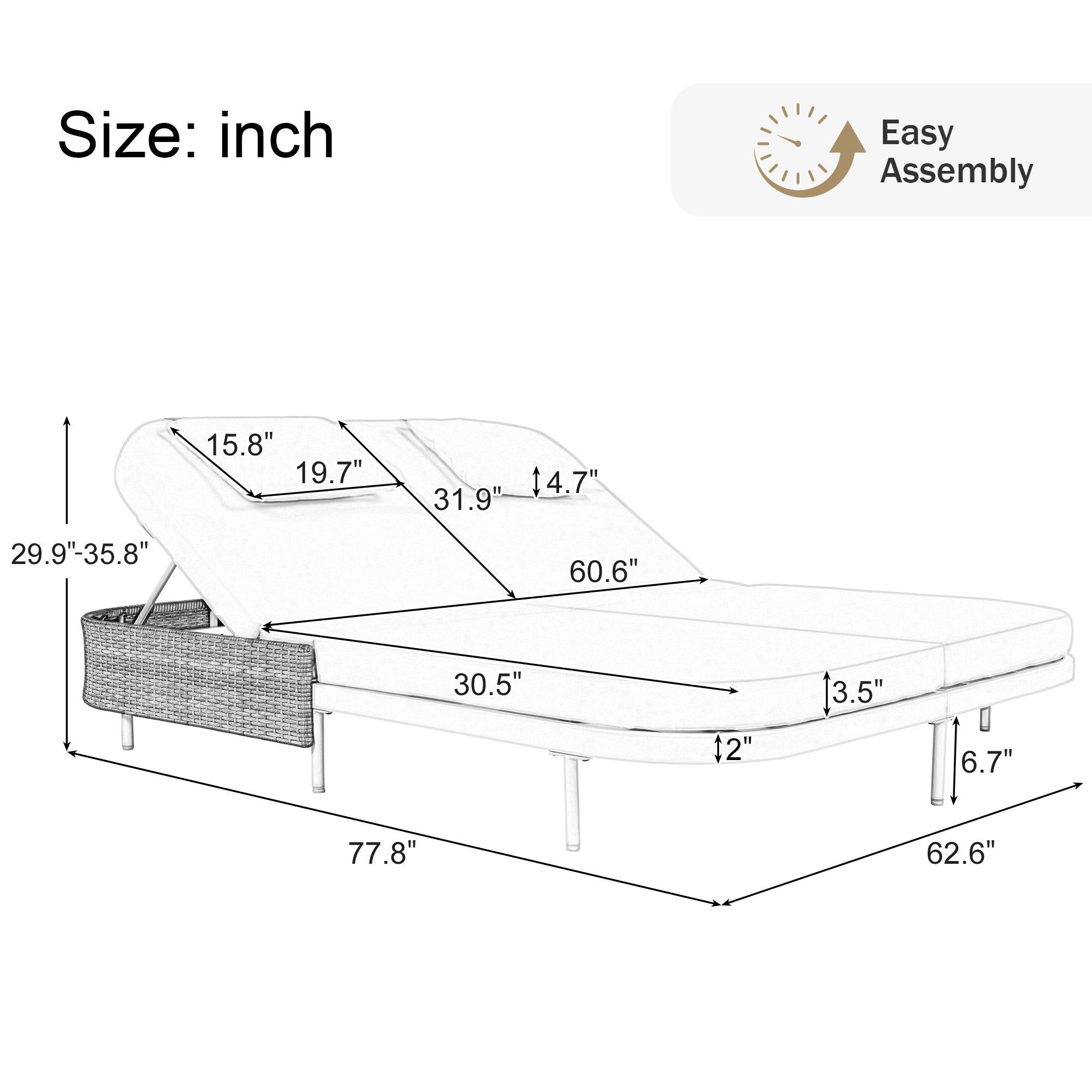 Tumbona de exterior de ratán con respaldo ajustable en 5 posiciones y cojines y almohadas extraíbles para jardín, patio y piscina.