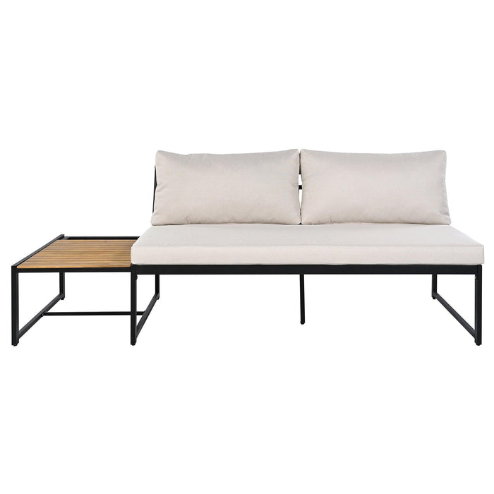 Juego de muebles de patio con sofás de dos plazas, 4 piezas de sofás de exterior con cojines impermeables, diseño duradero de hierro y madera para jardín, patio y piscina.