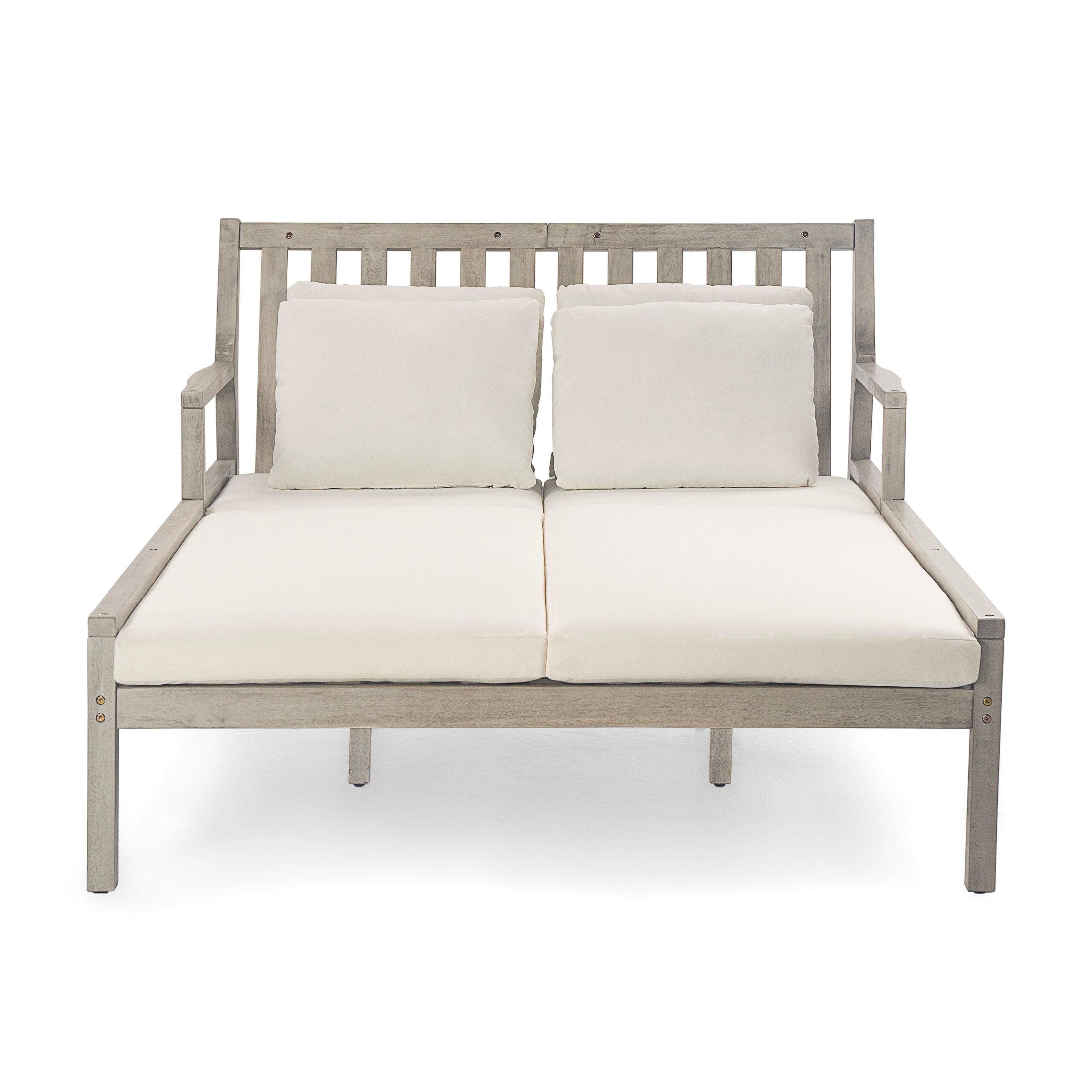 Cama de día para exterior, cama de día para patio con cuatro almohadas, cama de madera para exterior con reposabrazos curvos para piscina, patio y jardín.