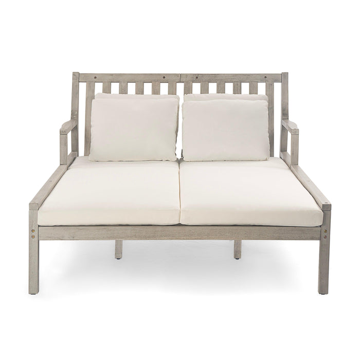 Cama de día para exterior, cama de día para patio con cuatro almohadas, cama de madera para exterior con reposabrazos curvos para piscina, patio y jardín.