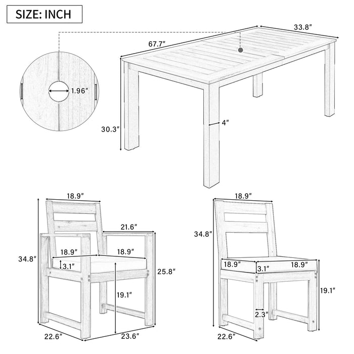 7-Piece Outdoor Patio Table and Chairs Set, Wood Dining Table Set for 6 with Umbrella Hole, 2 Armchairs & 4 Side Chairs for Garden, Backyard, Poolside