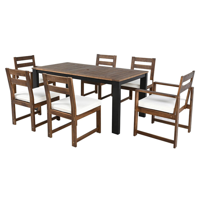 7-Piece Outdoor Patio Table and Chairs Set, Wood Dining Table Set for 6 with Umbrella Hole, 2 Armchairs & 4 Side Chairs for Garden, Backyard, Poolside