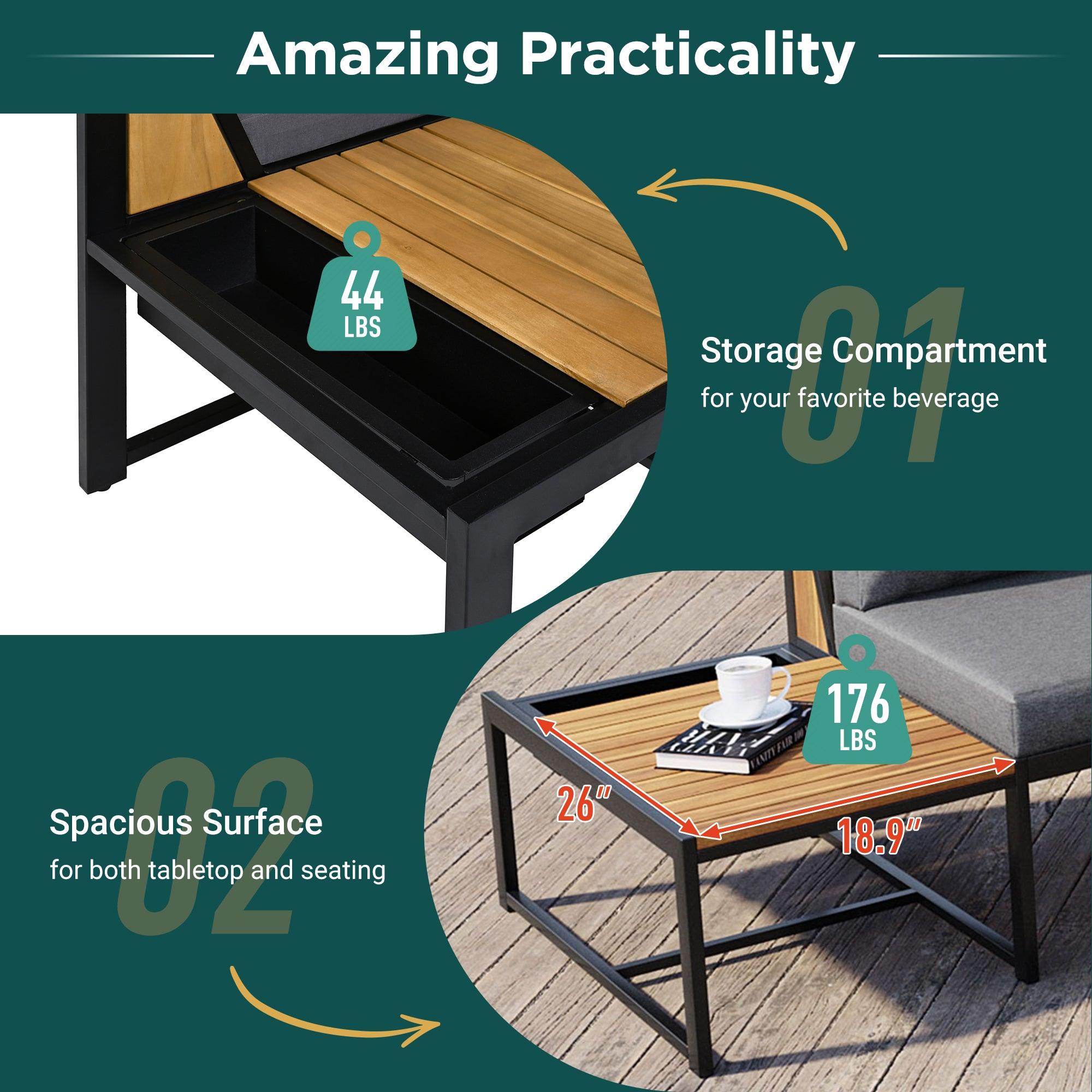 Juego de muebles de patio con sofás de dos plazas, 4 piezas de sofás de exterior con cojines impermeables, diseño duradero de hierro y madera para jardín, patio y piscina.
