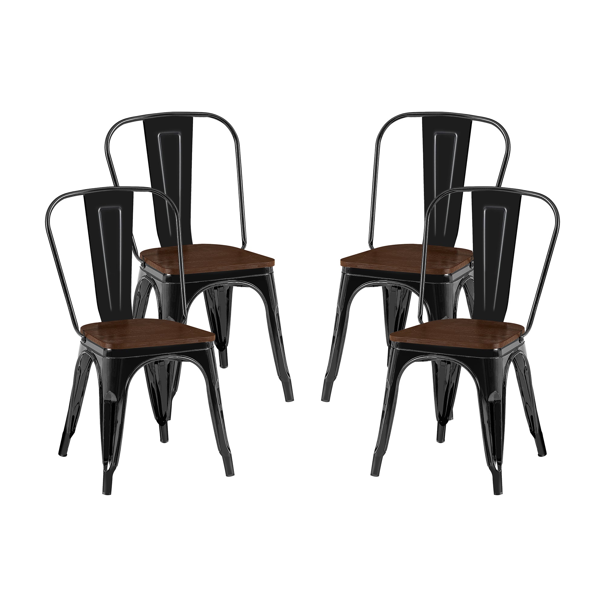 Set of 4 Industrial Metal Stackable Dining Chairs with Walnut Wooden Seat