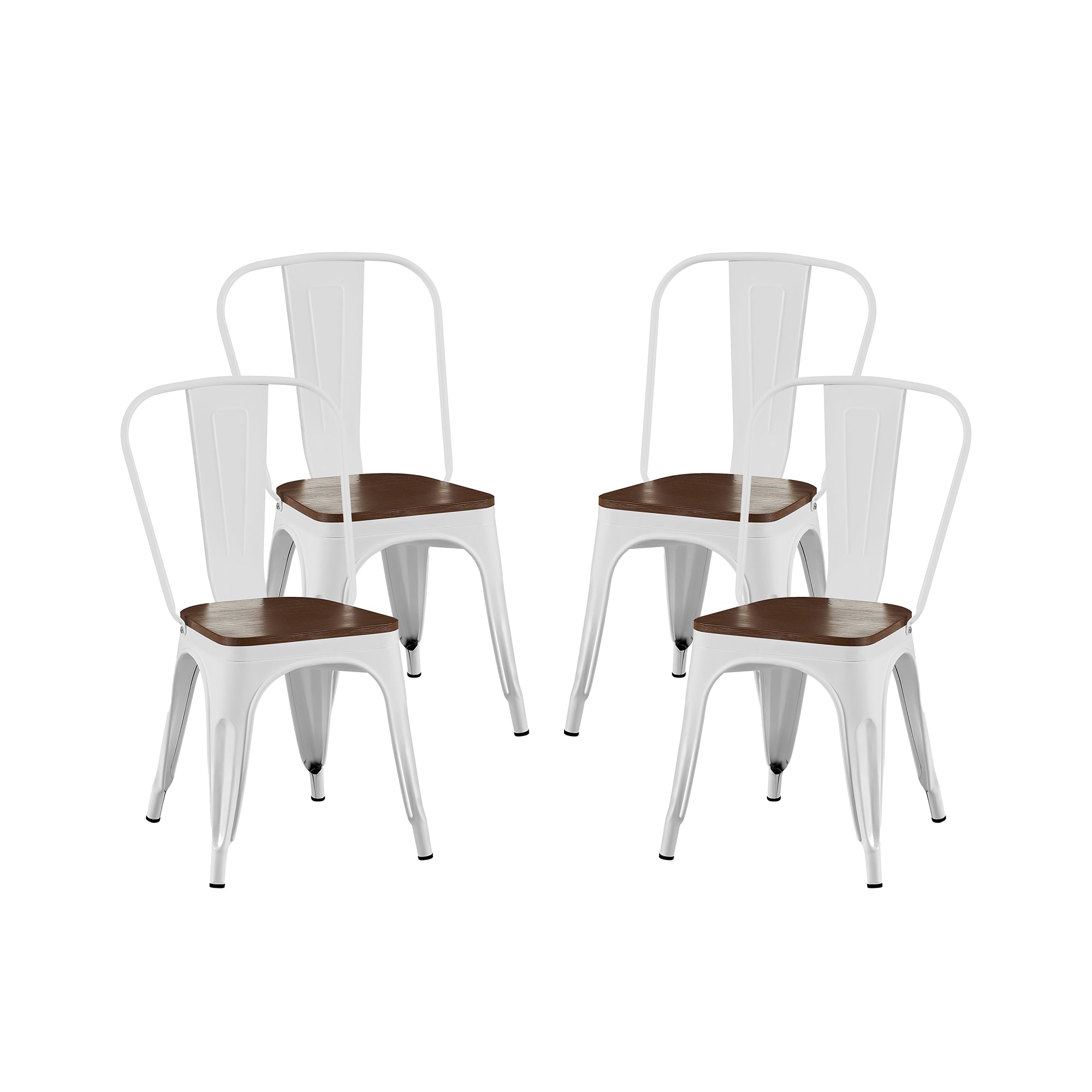 Set of 4 Industrial Metal Stackable Dining Chairs with Walnut Wooden Seat
