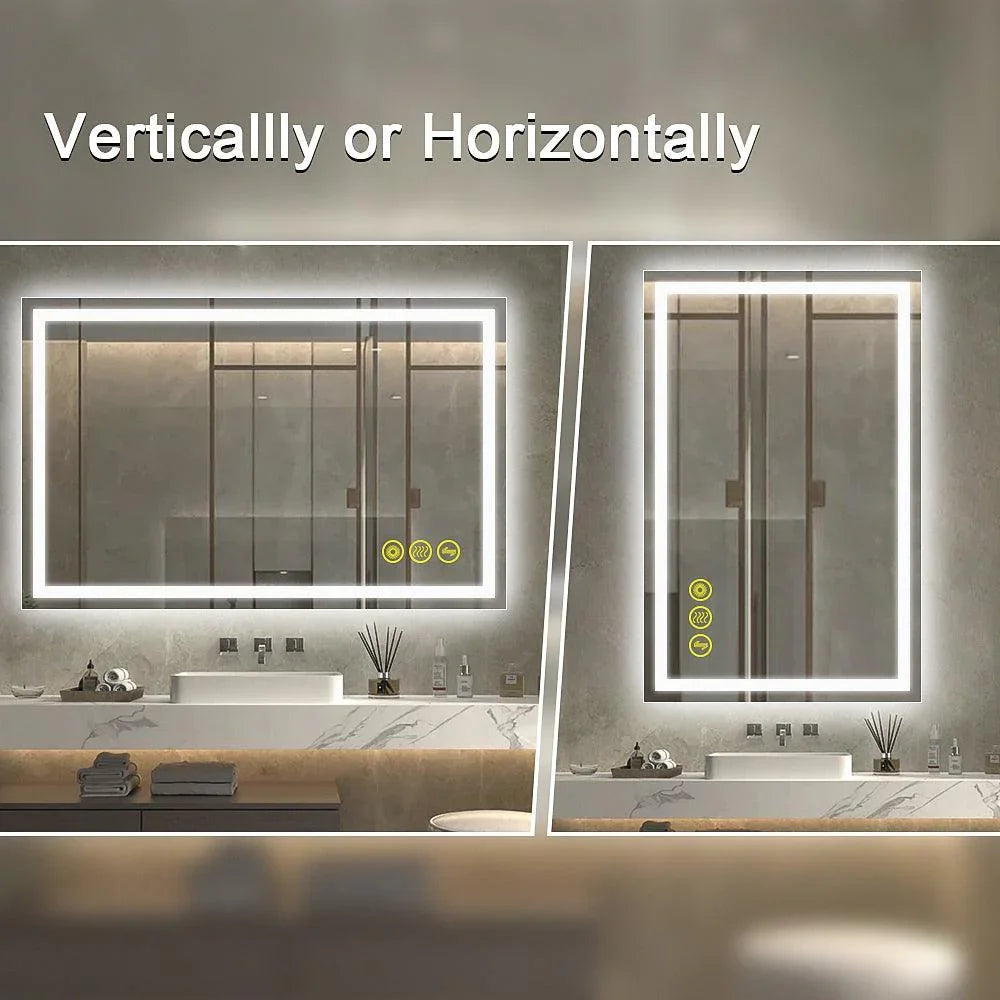 JHK LED Lighted Bathroom Mirror – Rectangle, Wall Mounted, Anti-Fog, Dimmable With 3 Color Lighting (White Frame, 2025 Model)