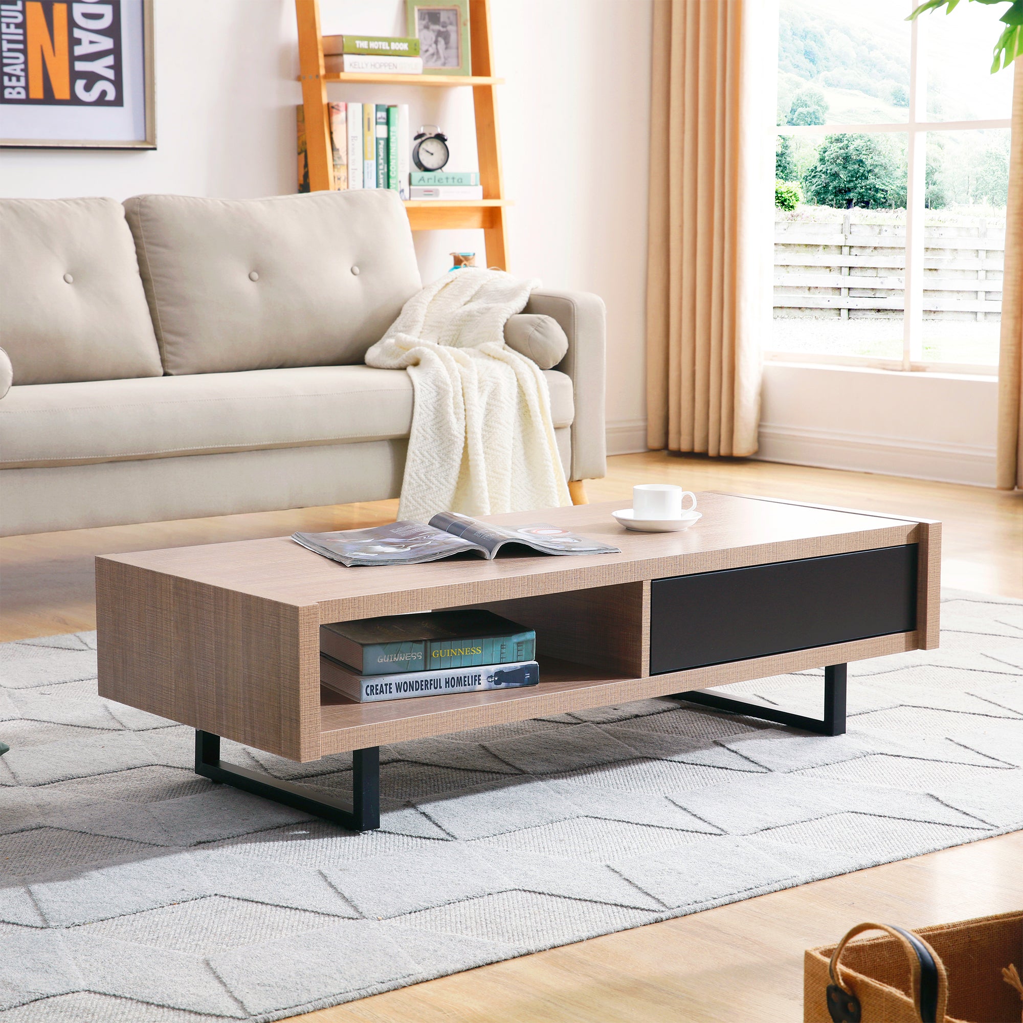 Ash 47" Pine Wood Coffee Table with All-Metal Legs