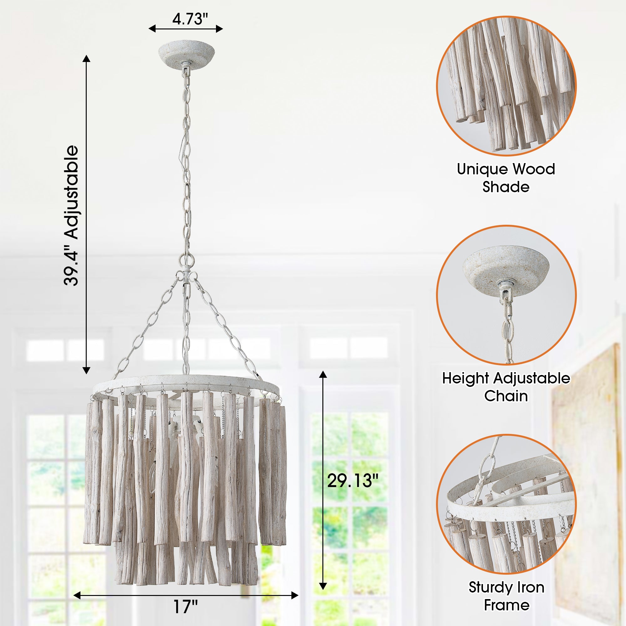 17 Inch Milo 4-Light White Wooden Chandelier