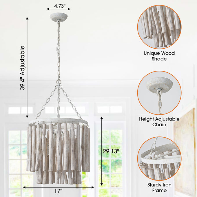 17 Inch Milo 4-Light White Wooden Chandelier