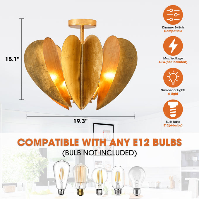 19 Inch Elvira 6-Light Farmhouse Vintage Distressed Golden Semi-Flush Mount Ceiling Light