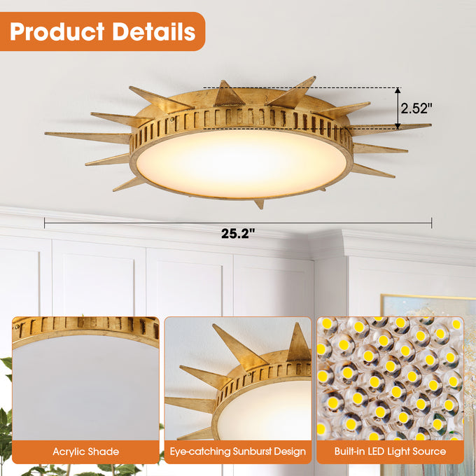 25 Inch Dana Vintage Golden Sunburst Flush Mount LED Light
