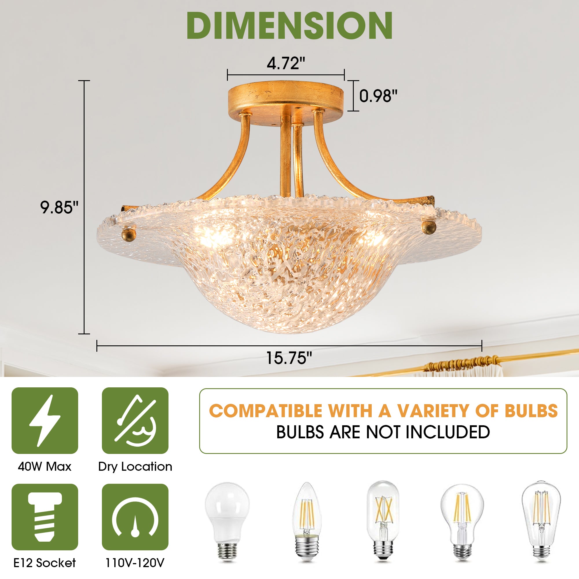 16 Inch Page 3-Light Vintage Golden Semi-Flush Mount Ceiling Light