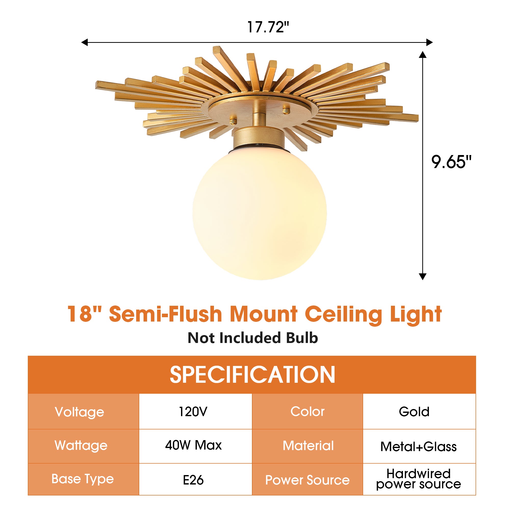 18 Inch Iris 1-Light Golden Semi-Flush Mount Ceiling Light