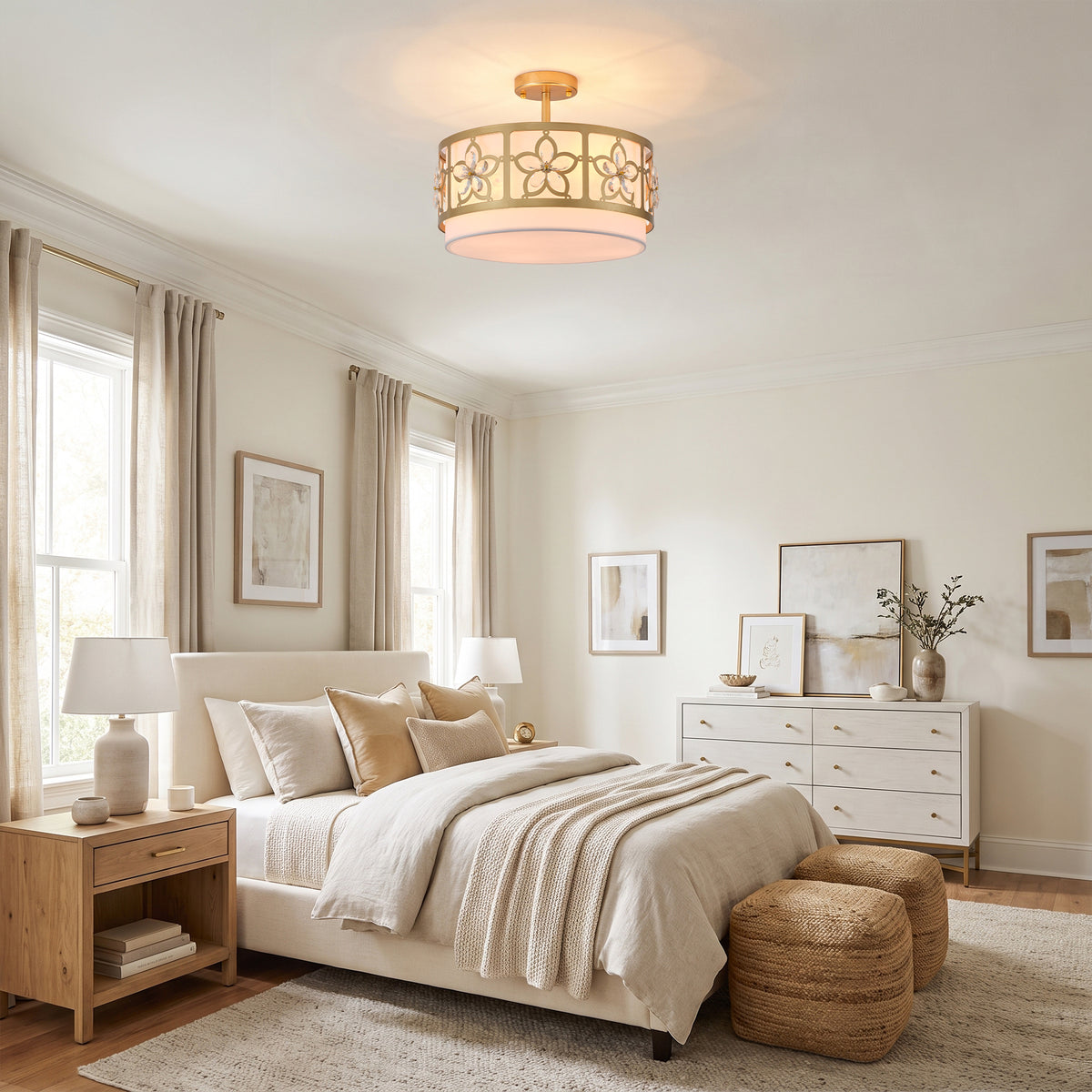 Audrey 4-Light Brushed Gold Semi-Flush Ceiling Light with Crystal Flowers