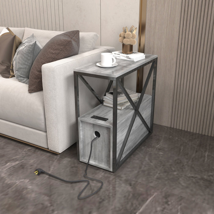 Parrot Uncle Tables for Sofa Industrial Wash Grey 2-Drawer Chairside End Table with USB Charging