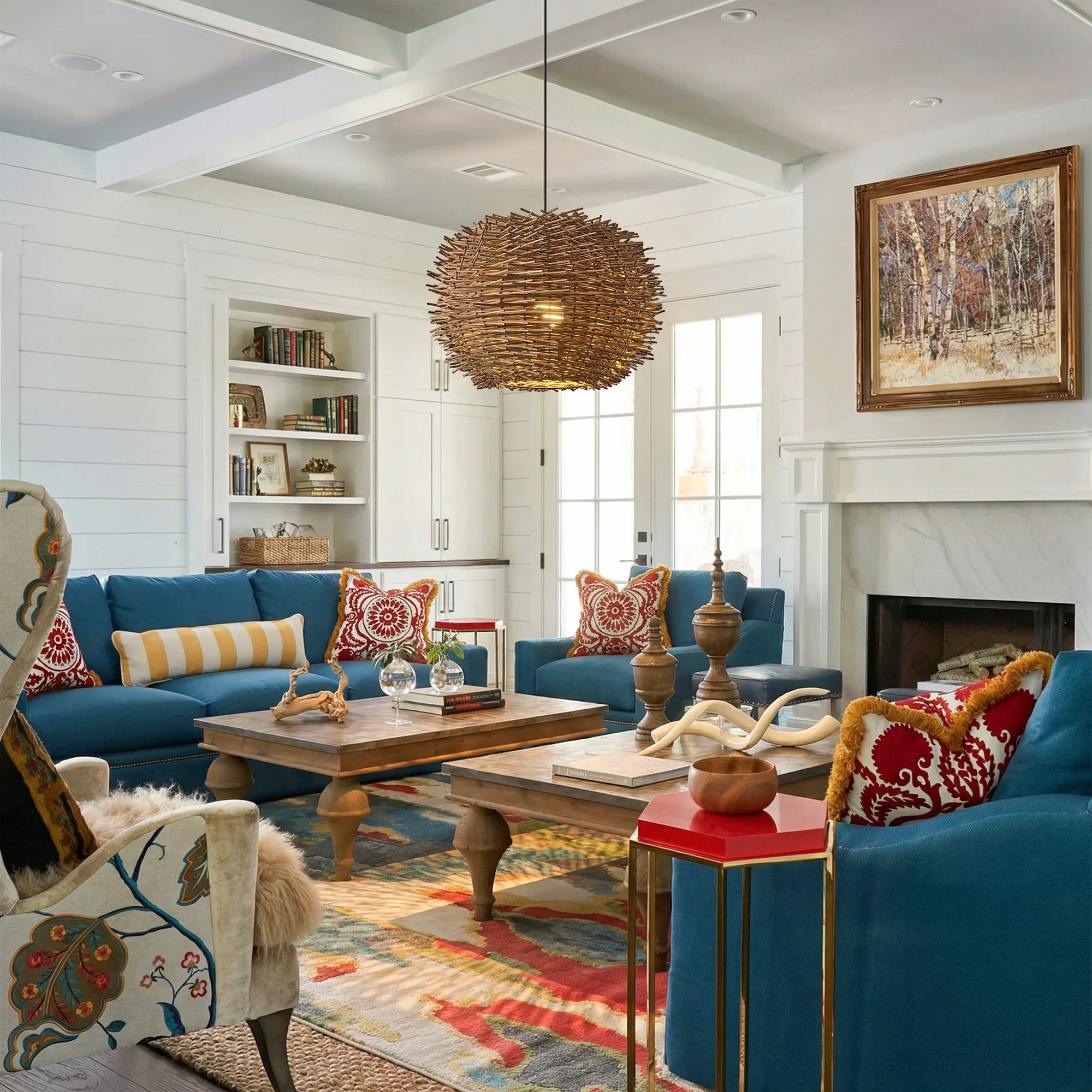 19" Stev Bohemian Handwoven Rattan Island Pendant Light