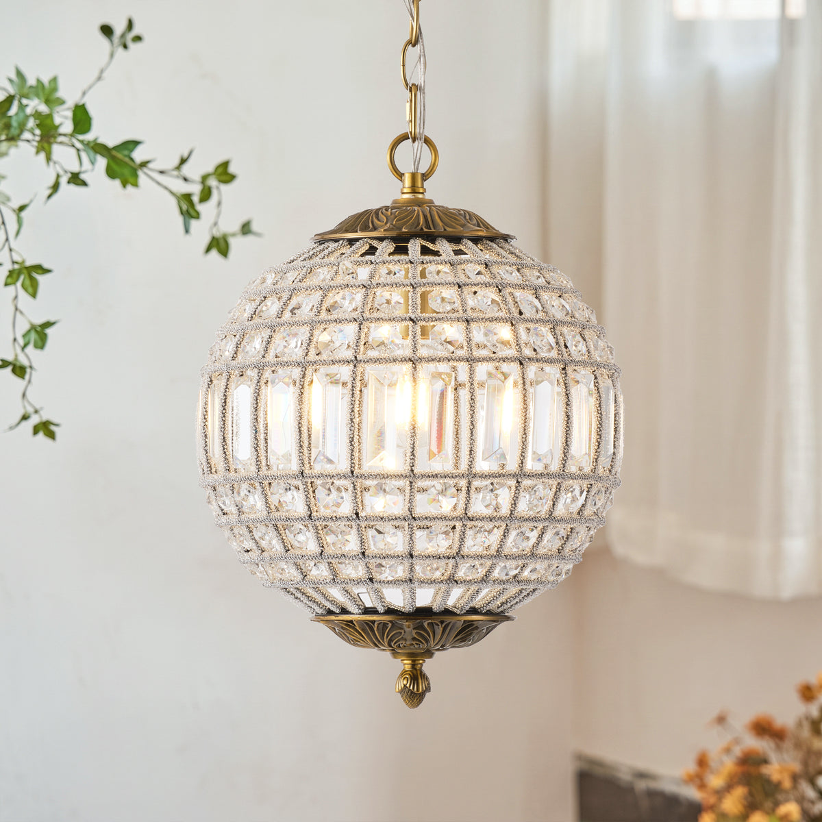 Burke 1-Light Antique Brass Crystal Globe Pendant Light