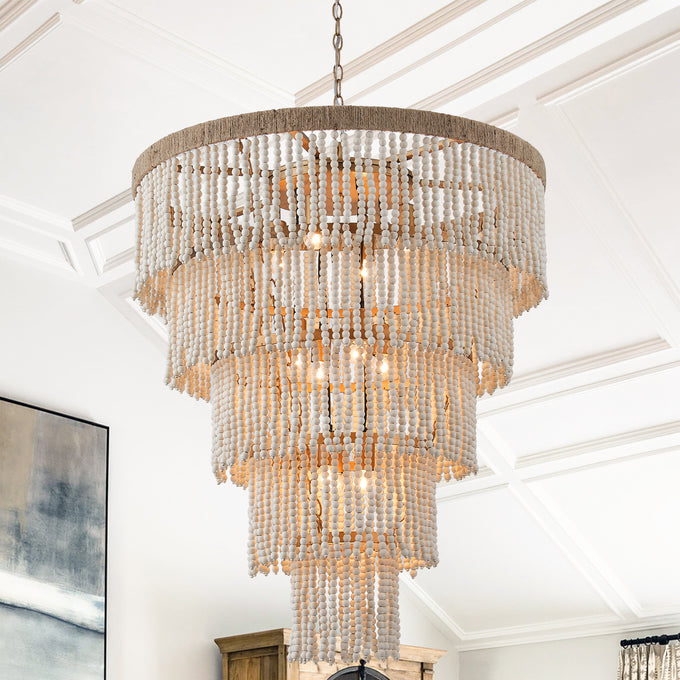 32 Inch Nelly 9-Light Bohemia Wood Beaded Chandelier