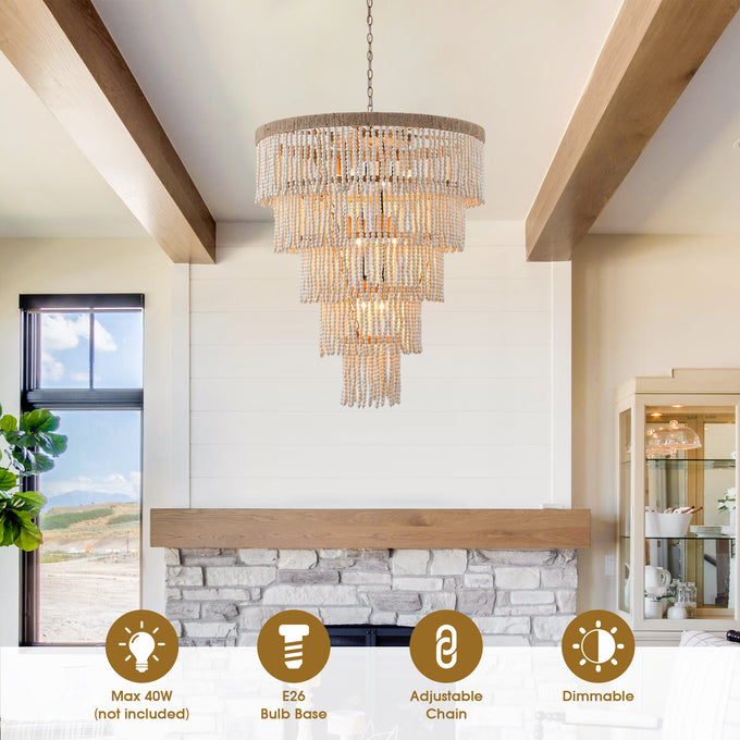 32 Inch Nelly 9-Light Bohemia Wood Beaded Chandelier