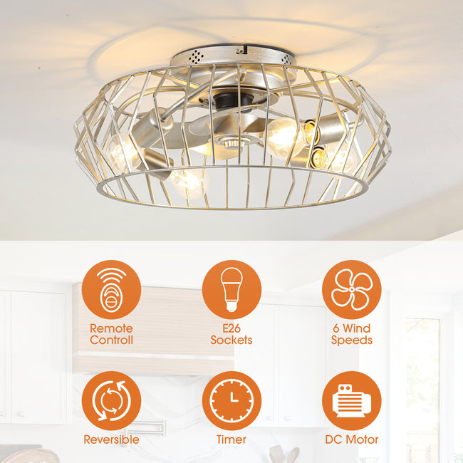 20 Inch Silver Flush Mount Ceiling Fan with Light APP and Remote Control