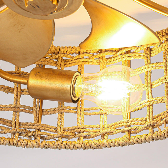 18 Inch Golden Farmhouse Rattan Flush Mount Ceiling Fan with Light APP and Remote Control