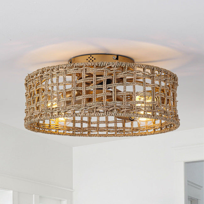 18 Inch Vintage Gold Farmhouse Rattan Flush Mount Ceiling Fan with Light APP and Remote Control