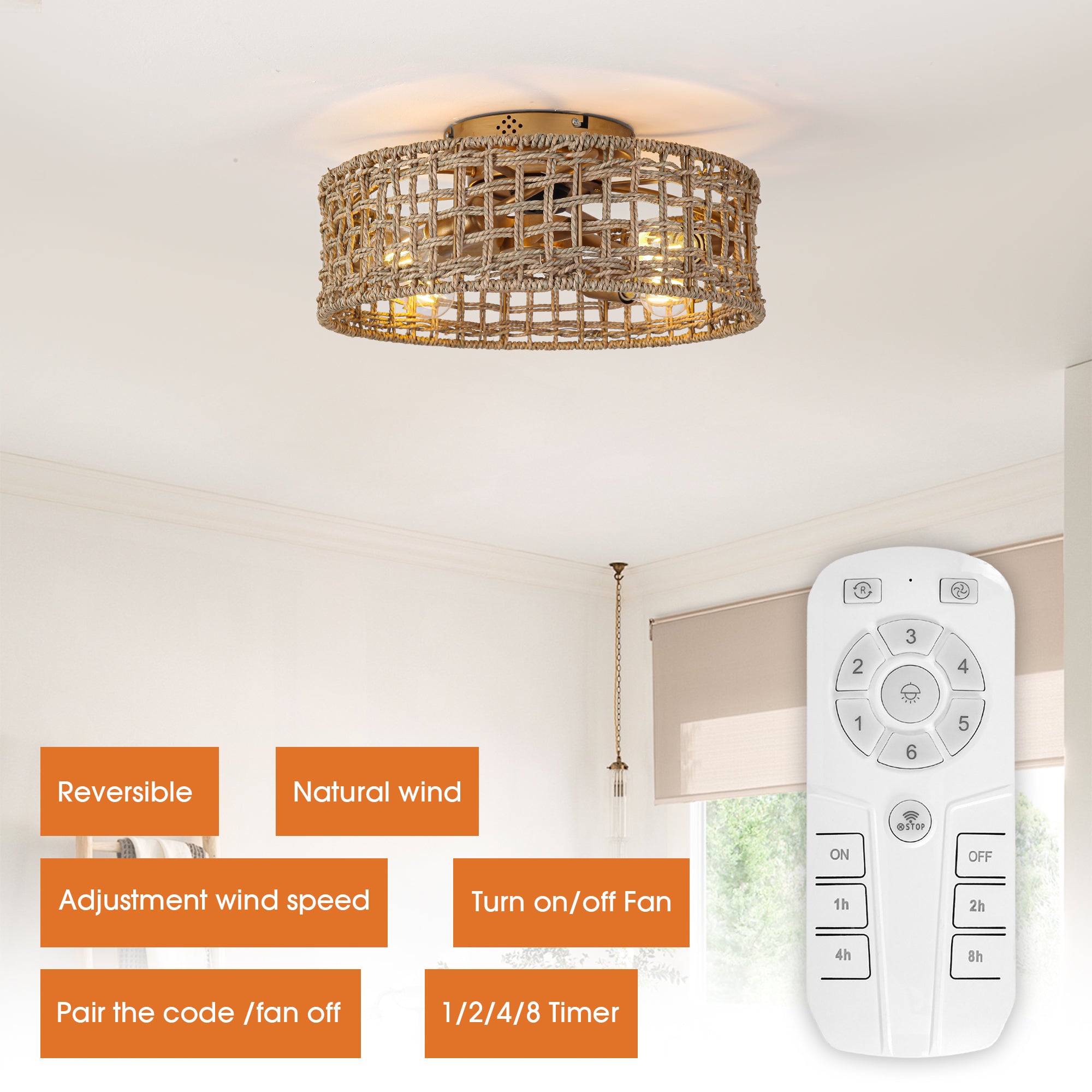 18 Inch Vintage Gold Farmhouse Rattan Flush Mount Ceiling Fan with Light APP and Remote Control