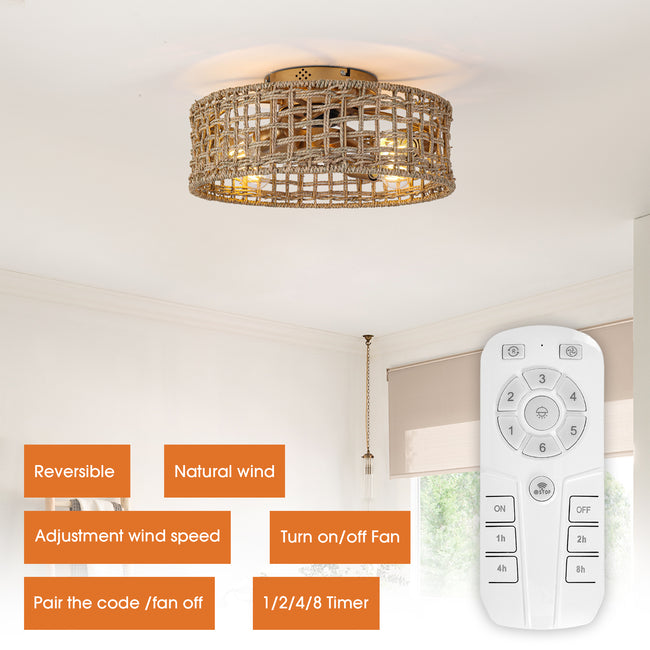 18 Inch Vintage Gold Farmhouse Rattan Flush Mount Ceiling Fan with Light APP and Remote Control